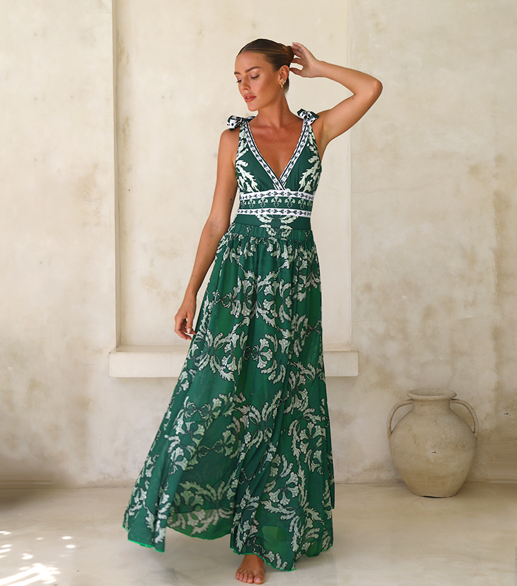 Conjunto de traje de baño de una pieza con escote en V, cordones y falda larga impresa para mujeres – Verde Floral