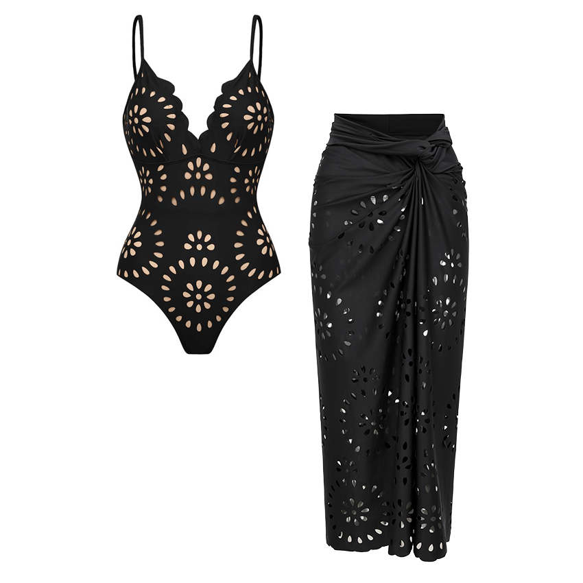 Conjunto de Traje de Baño de Una Pieza con Corte Láser Floral y Falda Larga de Cuello en V para Vacaciones en la Playa, Fiesta en la Piscina, Resort y Crucero – Negro