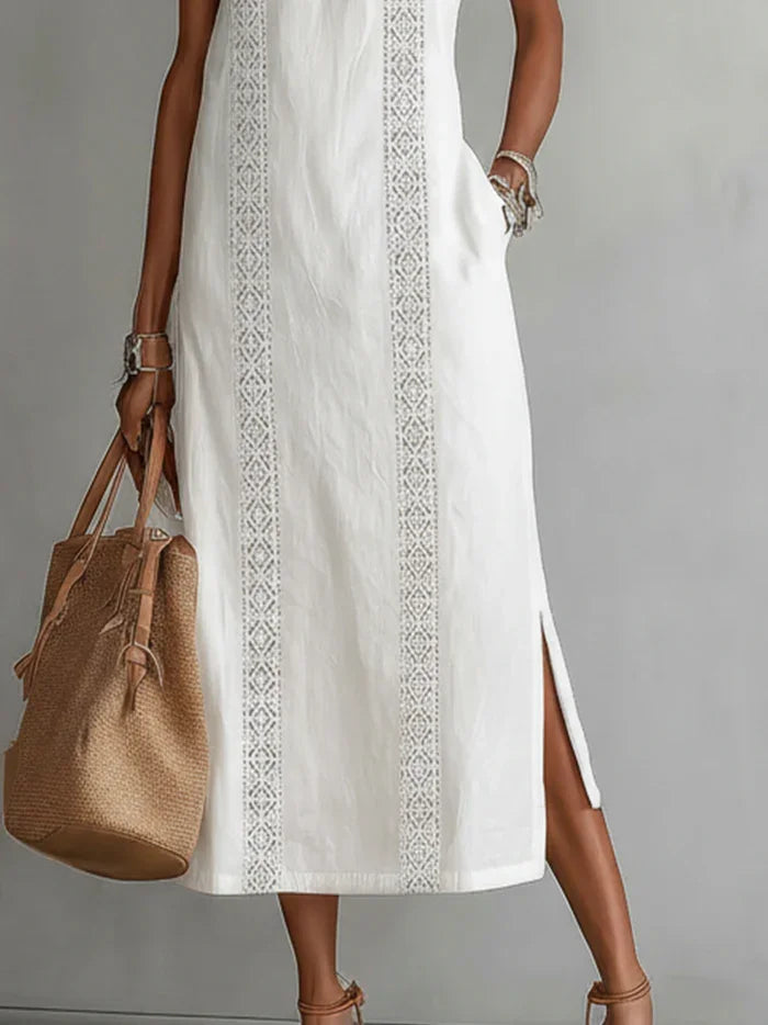 Vestido Midi de Lino Minimalista Retro para Mujer Sin Mangas Cuello Alto Detalle de Encaje Casual Verano Playa Vacaciones Diario – Celeste