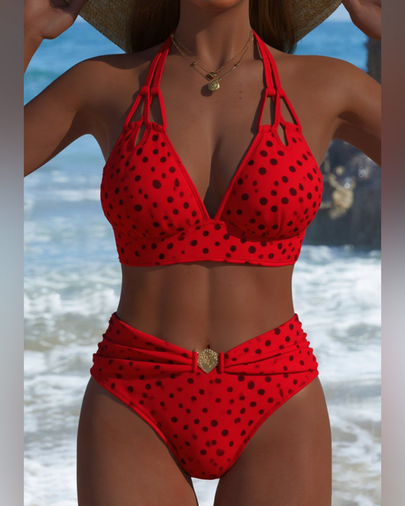 Conjunto de Bikini Halter de Lunares para Mujeres, Traje de Baño de Dos Piezas, Sin Mangas, Playa, Verano, Vacaciones