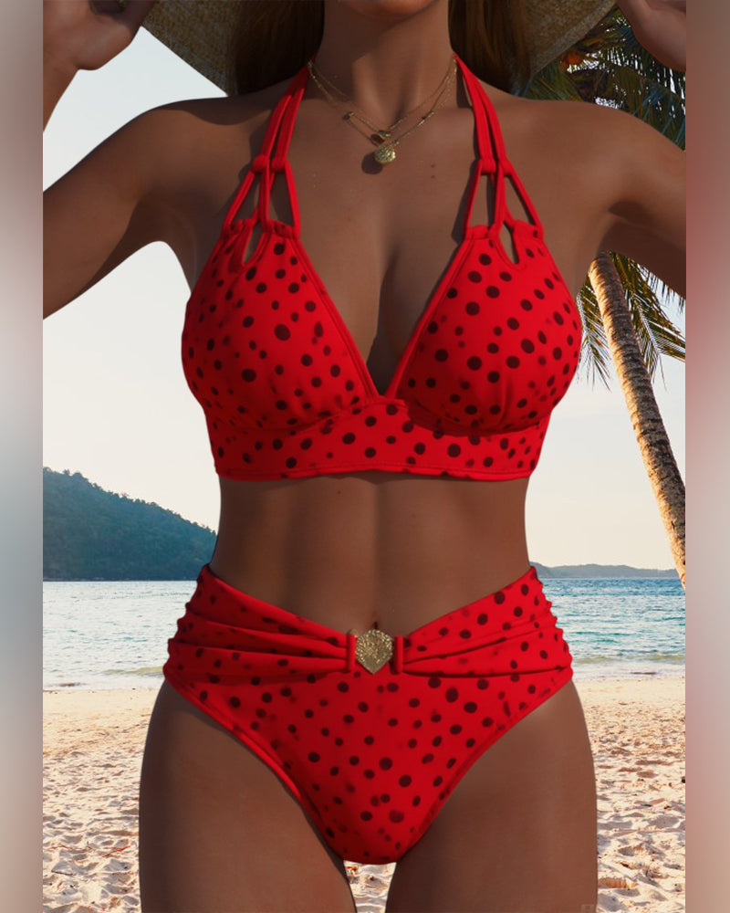Conjunto de Bikini Halter de Lunares para Mujeres, Traje de Baño de Dos Piezas, Sin Mangas, Playa, Verano, Vacaciones