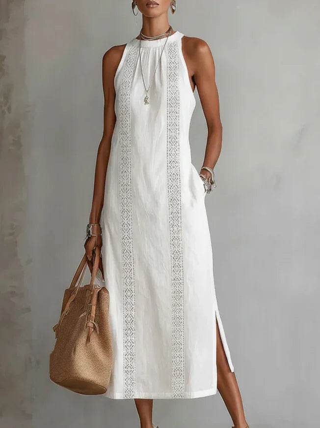 Vestido Midi de Lino Minimalista Retro para Mujer Sin Mangas Cuello Alto Detalle de Encaje Casual Verano Playa Vacaciones Diario – Celeste