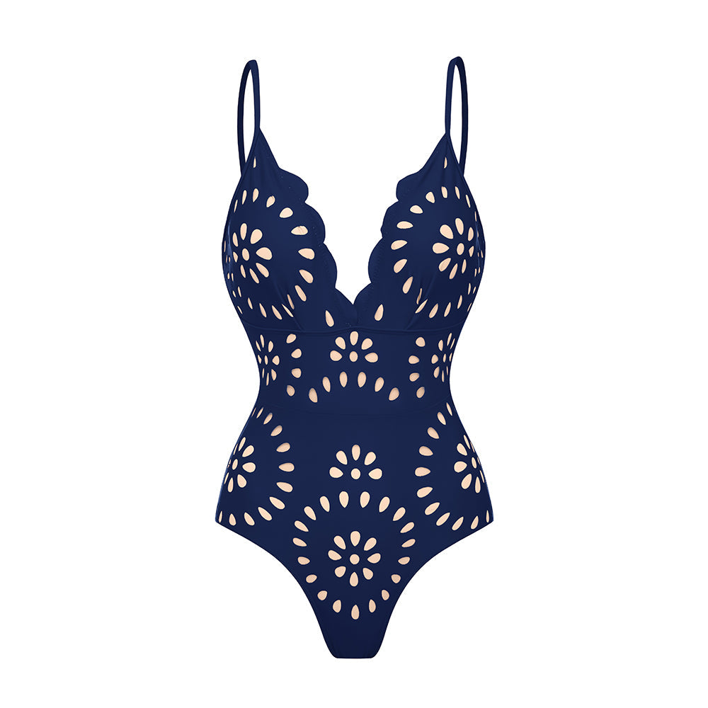 Bañador de Una Pieza con Corte Láser de Flores Huecas para Mujeres con Falda Cubierta, Escote en V, Elegante para la Playa, Verano – Azul Marino
