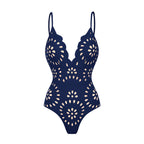 Bañador de Una Pieza con Corte Láser de Flores Huecas para Mujeres con Falda Cubierta, Escote en V, Elegante para la Playa, Verano – Azul Marino