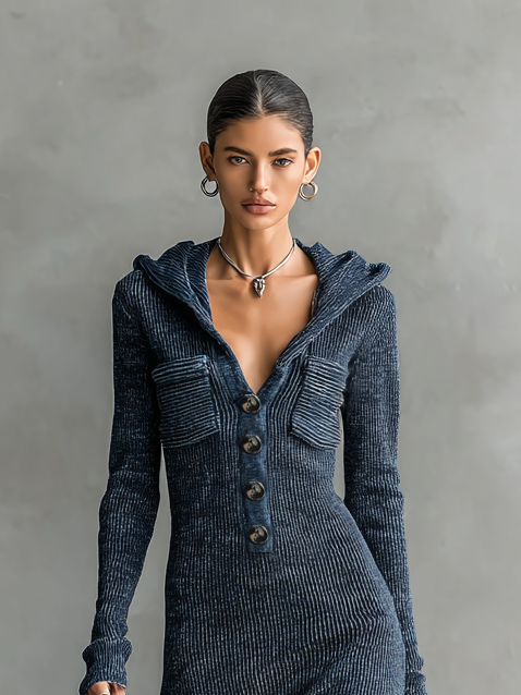 Vestido Largo Casual de Punto con Capucha Ajustado para Mujeres de Manga Larga Acogedor Chic para el Día a Día – Marino