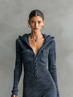 Vestido Largo Casual de Punto con Capucha Ajustado para Mujeres de Manga Larga Acogedor Chic para el Día a Día – Marino