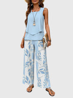 Conjunto de Verano Elegante de 2 Piezas para Mujeres Top de Cuello Cuadrado Pantalones de Pierna Ancha Estampado Floral Casual Chic – Brenda
