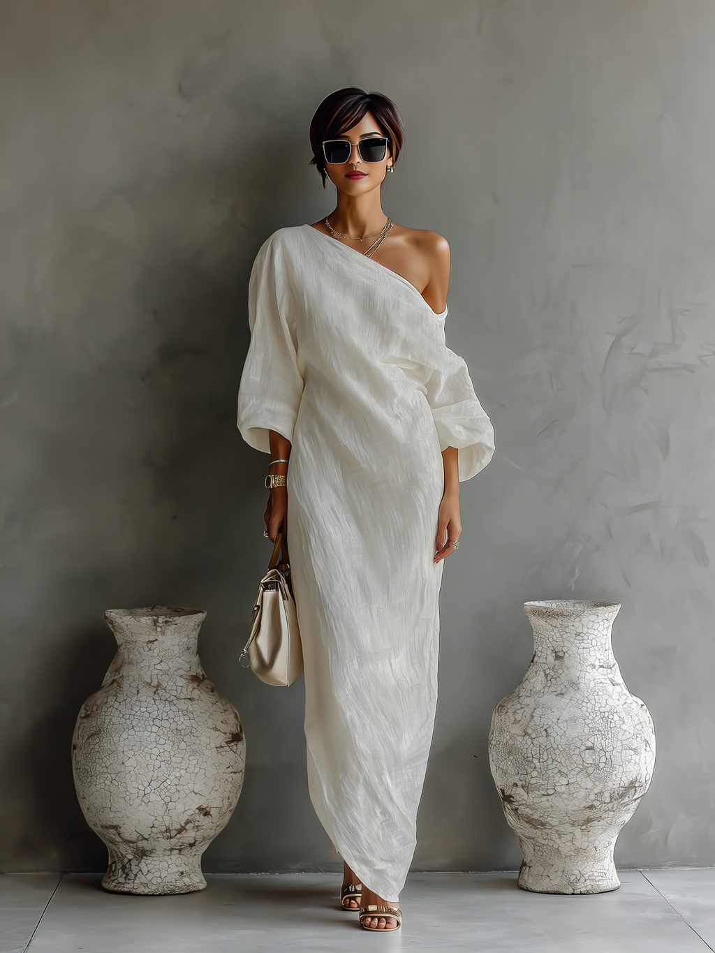 Vestido Largo Elegante de Una Sola Manga para Mujer de Algodón y Lino, Fluido, Formal, para Fiestas y Bodas – Blanco Marfil