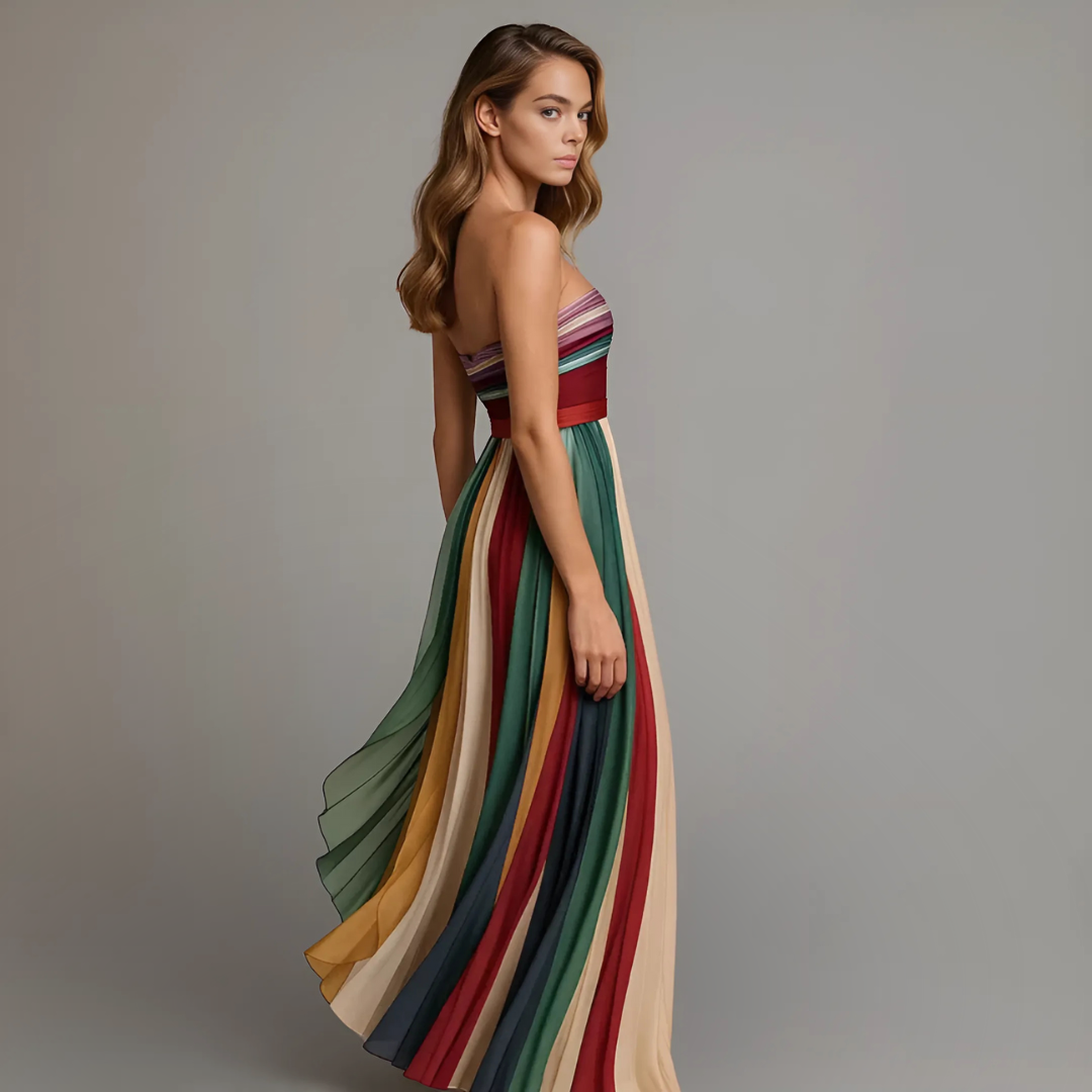 Vestido Largo Plisado para Mujer a Rayas en Tonos Joyas Sin Mangas Formal para Invitadas de Boda Fiesta de Verano – Judith