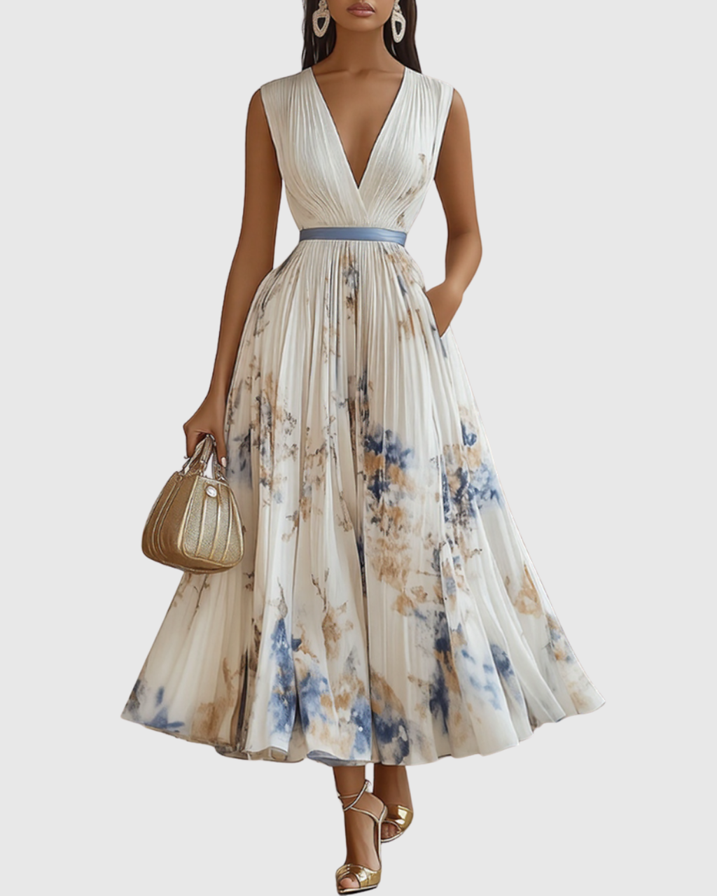 Vestido Largo Floral Plisado Elegante para Mujer con Escote en V y Manga Larga, Cintura con Cinta, Formal e Informal – Rowella
