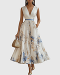 Vestido Largo Floral Plisado Elegante para Mujer con Escote en V y Manga Larga, Cintura con Cinta, Formal e Informal – Rowella