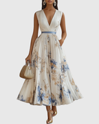 Vestido Largo Floral Plisado Elegante para Mujer con Escote en V y Manga Larga, Cintura con Cinta, Formal e Informal – Rowella