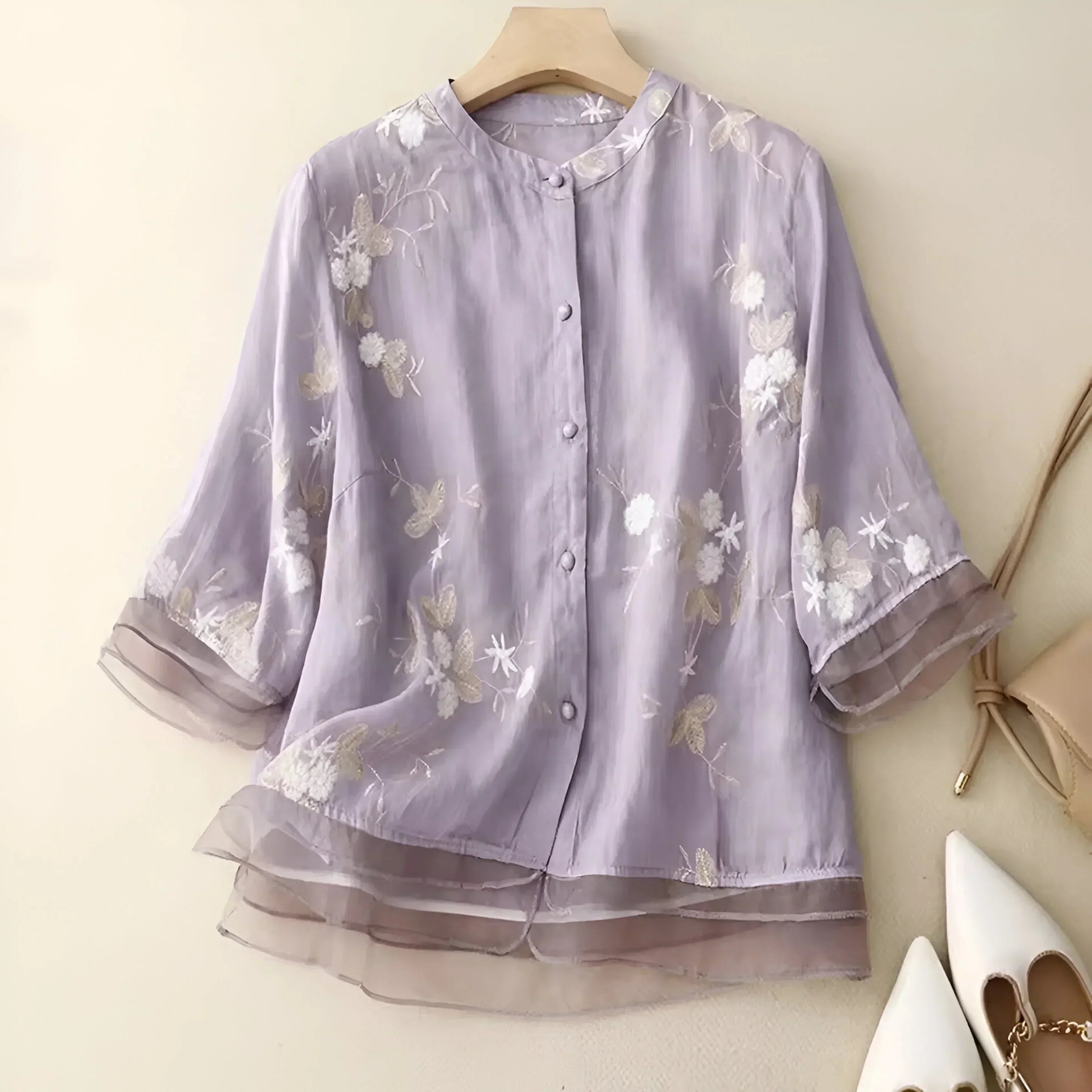 Top de Algodón para Mujeres con Flores Bordadas Femenino Suave Transpirable Casual Elegante para el Día a Día – Emily