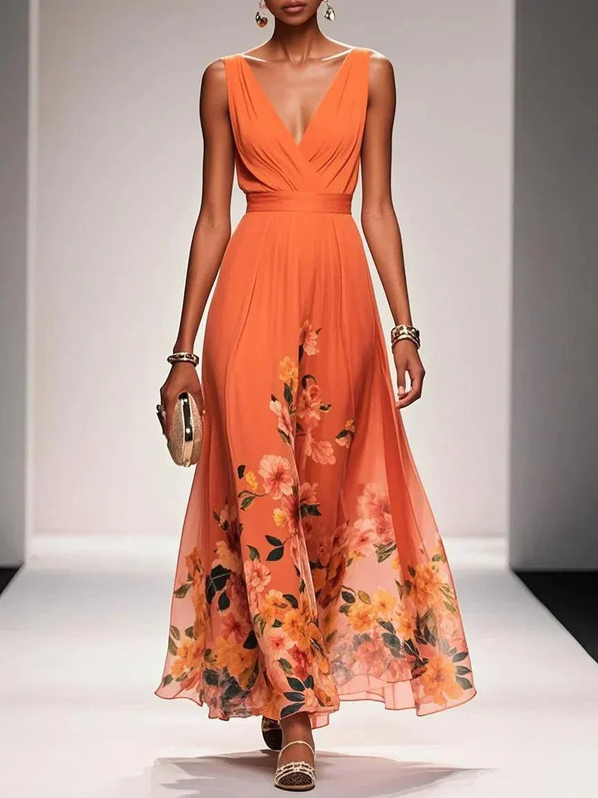 Vestido Largo Floral para Invitadas de Boda Femenino Fluido Romántico Elegante