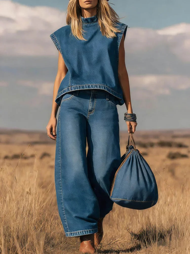Conjunto de Top Sin Mangas con Cuello Alto y Pantalones Anchos de Cintura Alta para Mujer - Casual, Ropa de Calle, Verano – Índigo