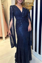 Vestido Largo de Manga Larga con Escote en V y Lentejuelas para Mujeres, A-Line, Formal, Prom, Gala, Invitada de Boda, Noche de Alfombra Roja – Seraphina