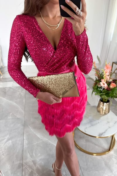 Vestido Corto de Flecos con Lentejuelas para Mujer de Manga Larga V-Cuello Fiesta Noche de Cóctel Nochevieja Cumpleaños Gala – Rosa