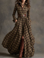 Vestido Largo de Vaquera Étnica Retro para Mujer con Cuello, Cinturón y Mangas Largas – Marrón Rojizo