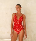Conjunto de Traje de Baño de Una Pieza Floral con Corte y Falda Larga de V-Cuello para Vacaciones en la Playa, Fiesta en la Piscina, Verano Resort – Rojo