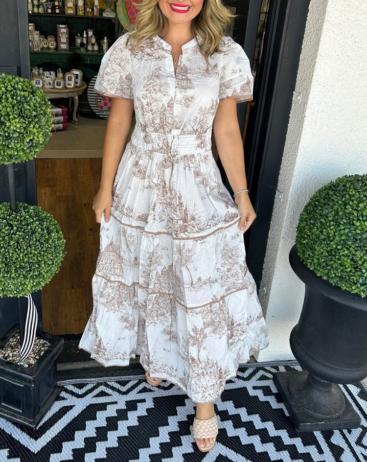 Vestido Midi de Mujer con Cintura Fruncida, Falda de Volantes Floral, Casual de Primavera y Verano Elegante – Camille