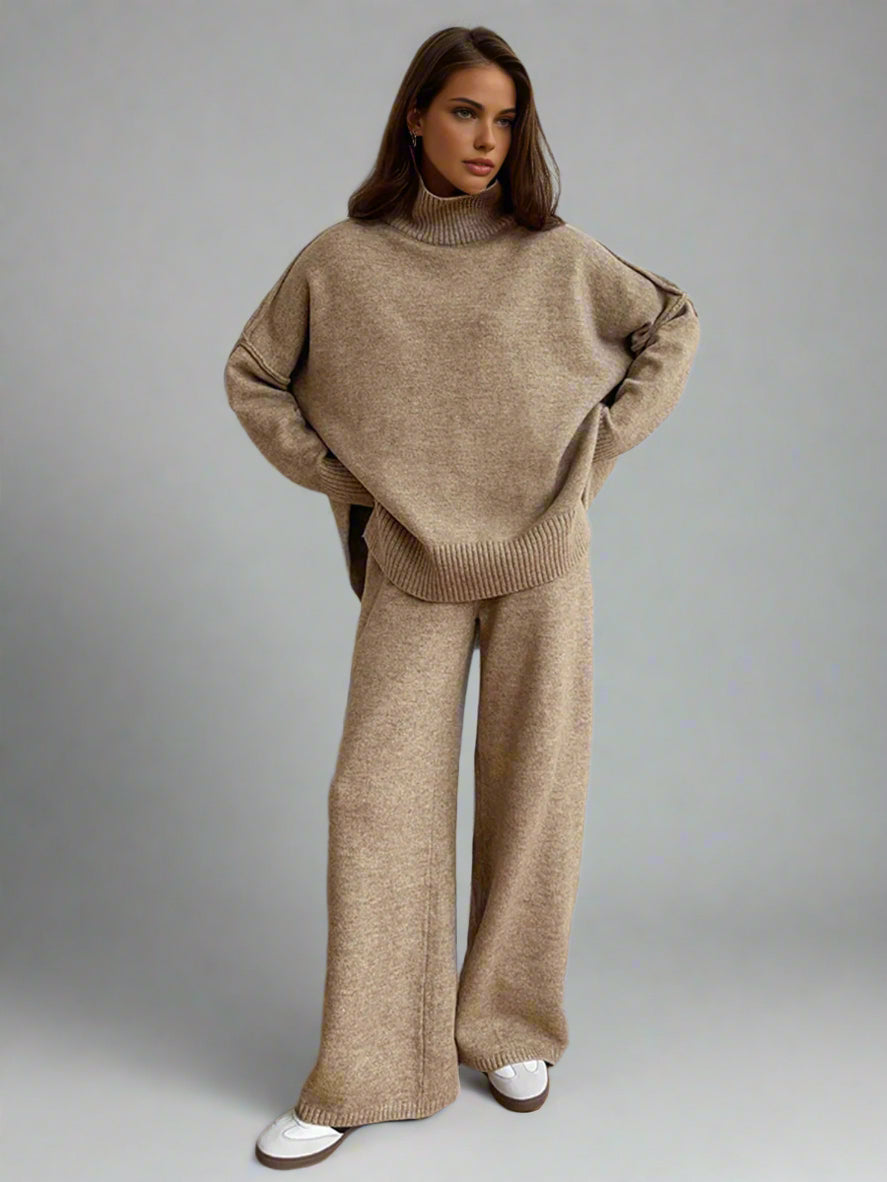 Conjunto de Lounge de Cuello Alto de Punto Suave para Mujeres con Pantalones Anchos y Holgados, Cómodo y Casual para el Invierno