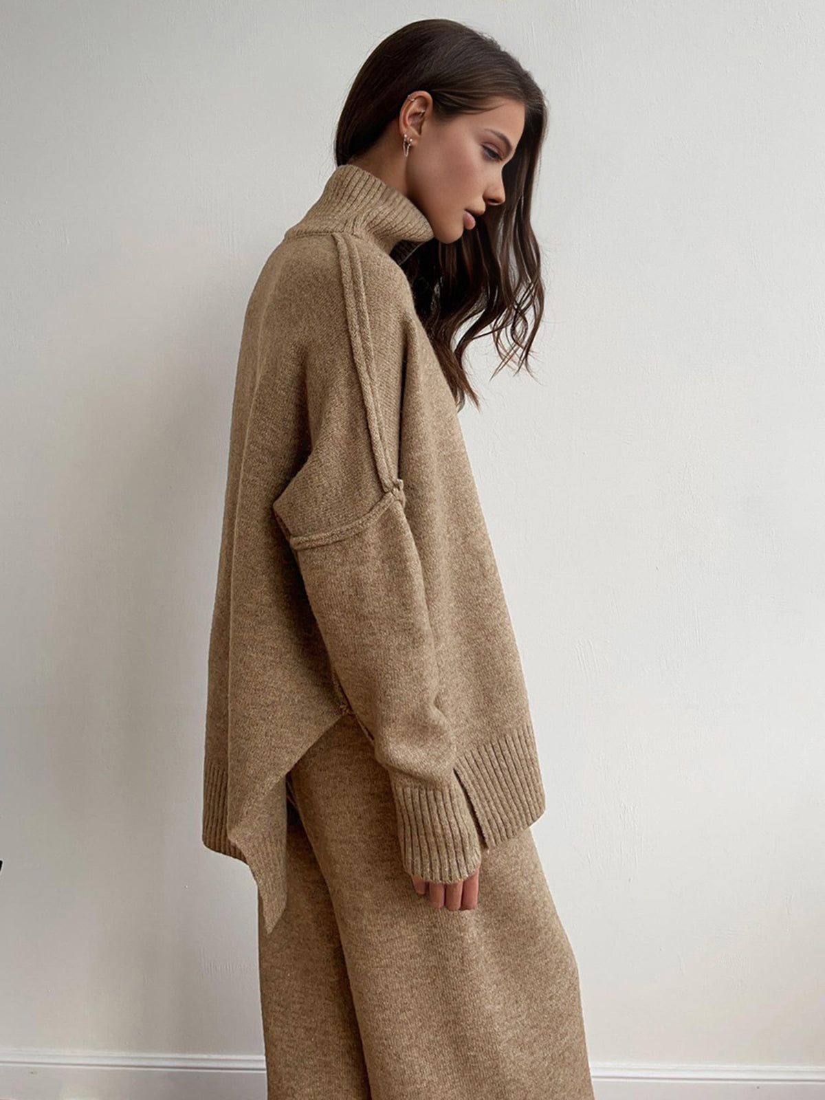 Conjunto de Lounge de Cuello Alto de Punto Suave para Mujeres con Pantalones Anchos y Holgados, Cómodo y Casual para el Invierno