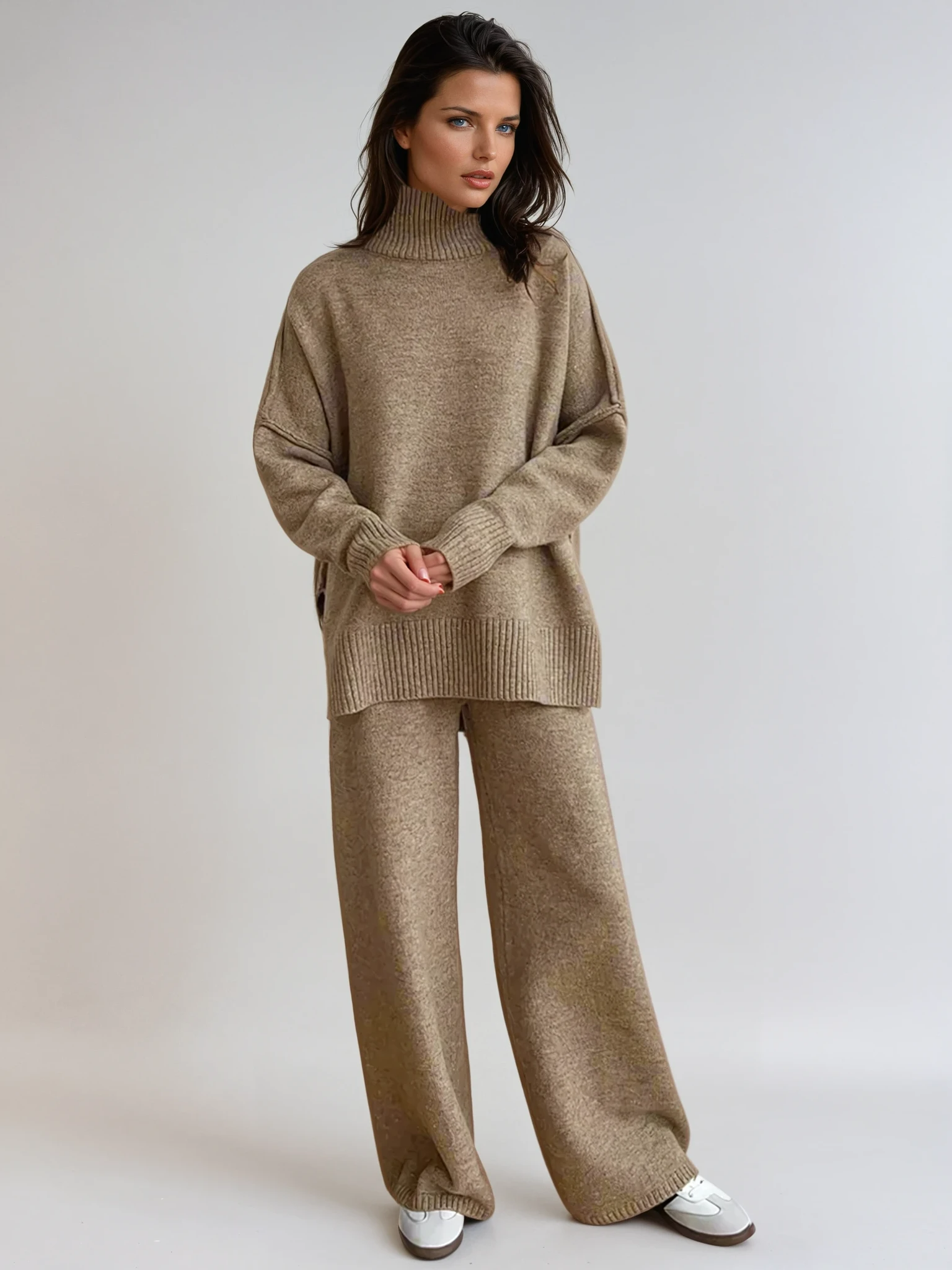 Conjunto de Lounge de Cuello Alto de Punto Suave para Mujeres con Pantalones Anchos y Holgados, Cómodo y Casual para el Invierno