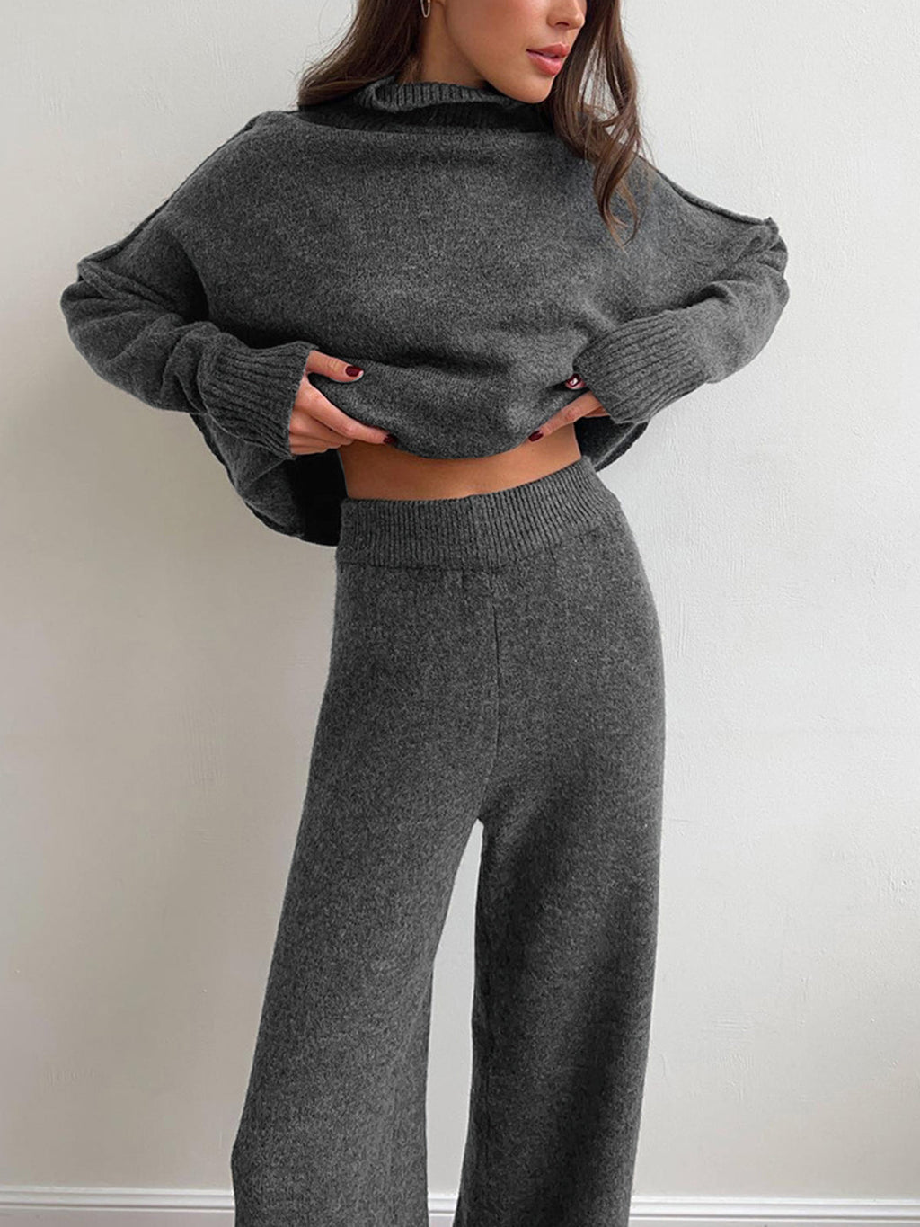 Conjunto de Lounge de Cuello Alto de Punto Suave para Mujeres con Pantalones Anchos y Holgados, Cómodo y Casual para el Invierno