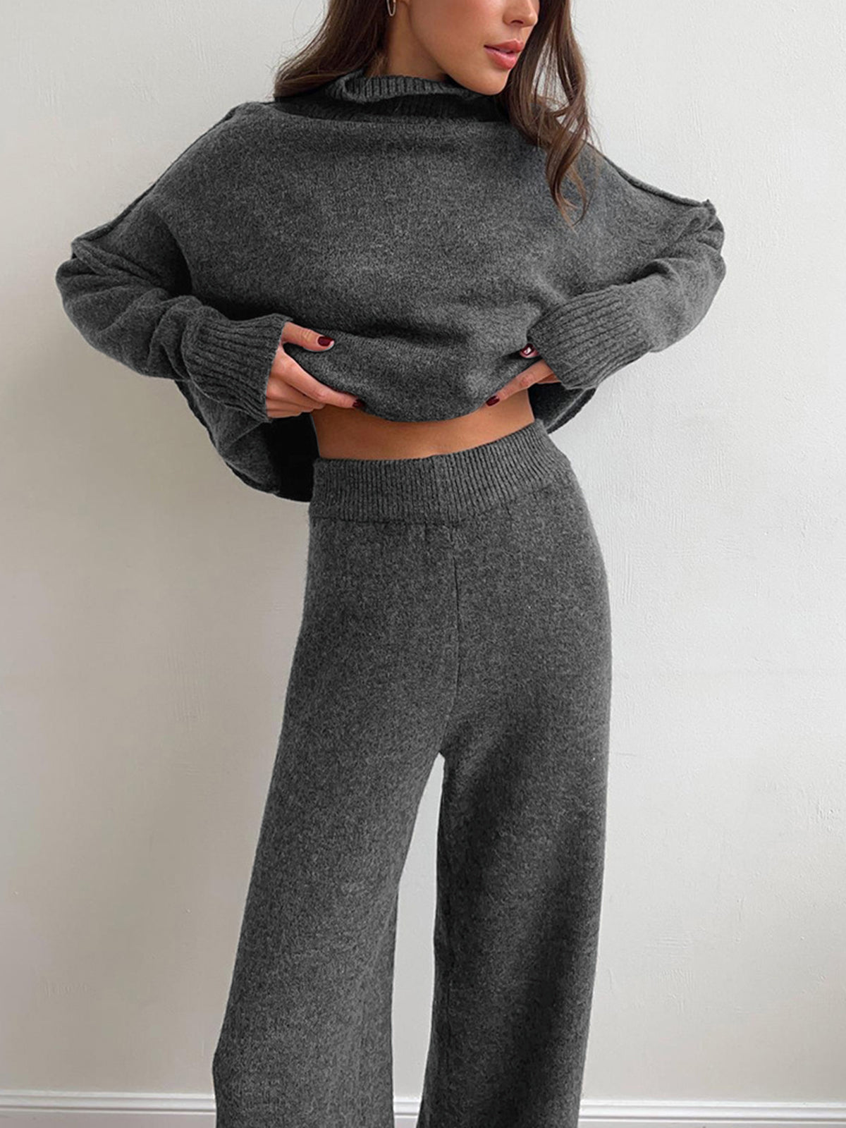 Conjunto de Lounge de Cuello Alto de Punto Suave para Mujeres con Pantalones Anchos y Holgados, Cómodo y Casual para el Invierno