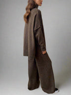 Conjunto de Lounge de Cuello Alto de Punto Suave para Mujeres con Pantalones Anchos y Holgados, Cómodo y Casual para el Invierno