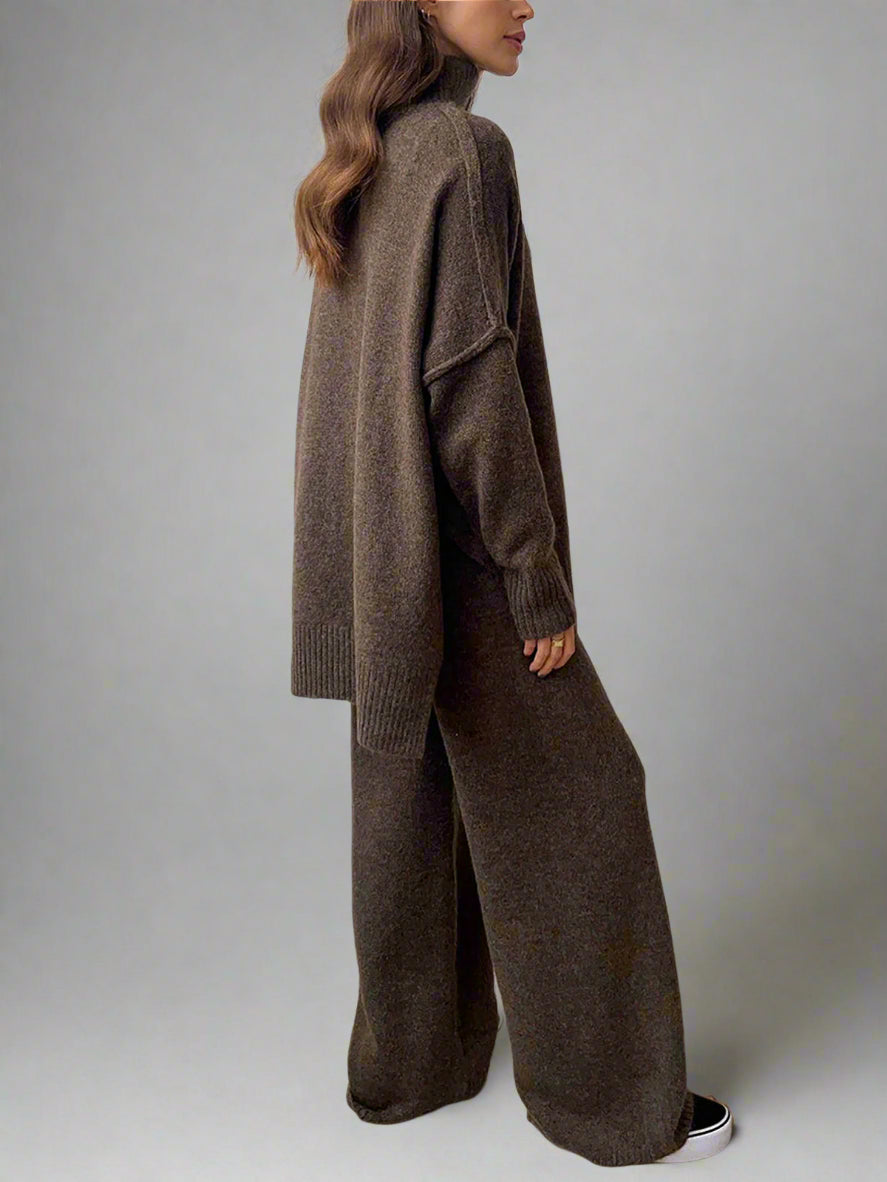Conjunto de Lounge de Cuello Alto de Punto Suave para Mujeres con Pantalones Anchos y Holgados, Cómodo y Casual para el Invierno