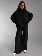 Conjunto de Lounge de Cuello Alto de Punto Suave para Mujeres con Pantalones Anchos y Holgados, Cómodo y Casual para el Invierno