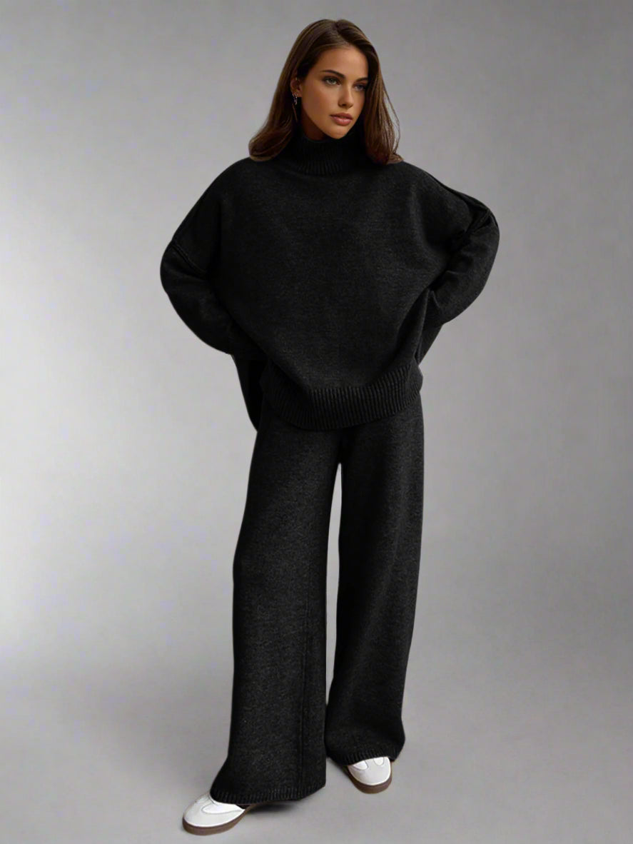 Conjunto de Lounge de Cuello Alto de Punto Suave para Mujeres con Pantalones Anchos y Holgados, Cómodo y Casual para el Invierno
