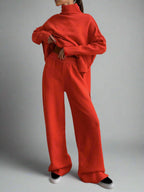 Conjunto de Lounge de Cuello Alto de Punto Suave para Mujeres con Pantalones Anchos y Holgados, Cómodo y Casual para el Invierno