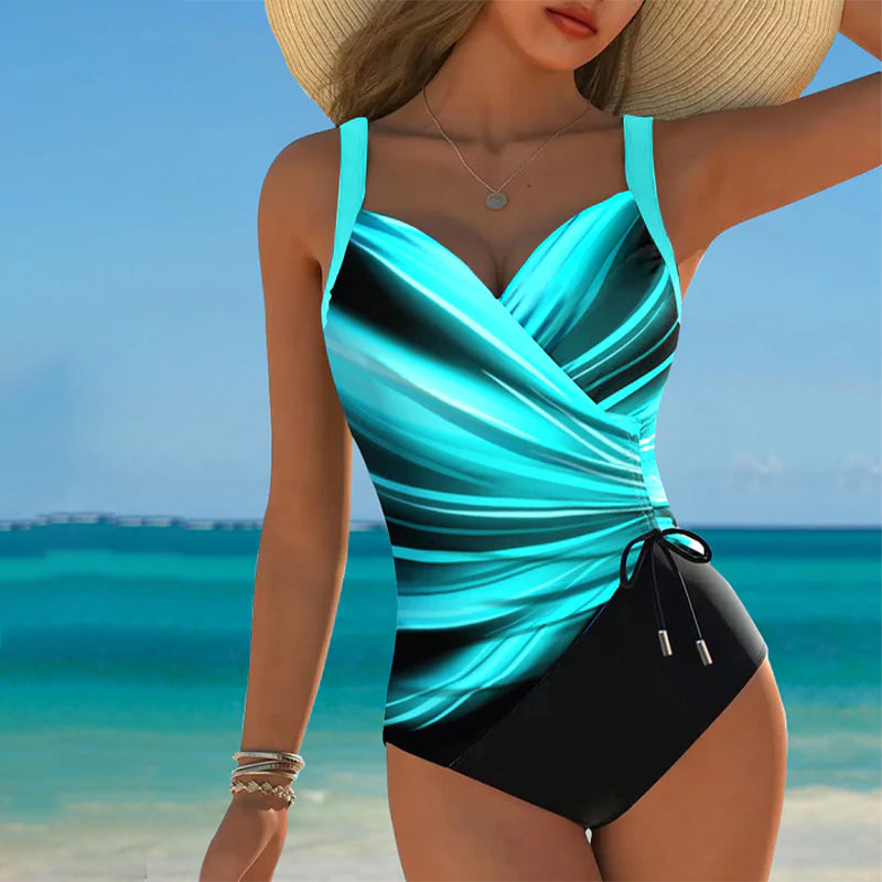 Traje de baño de una pieza para mujer con diseño de color contrastante, con cordones y frente envolvente, sin mangas, para la playa en verano