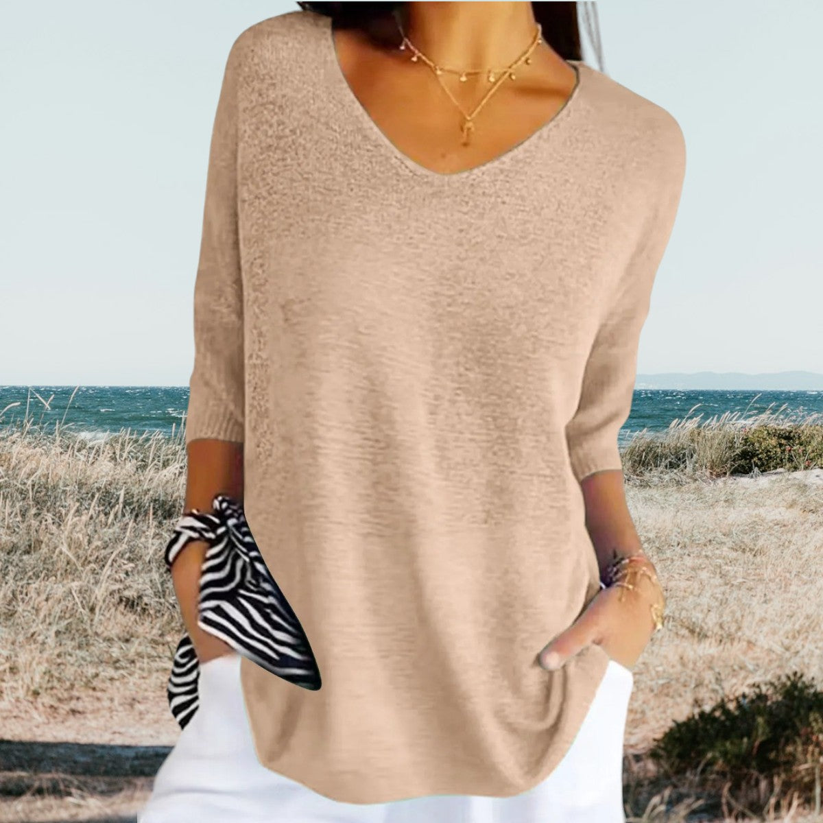 Top de Punto Ligero de Verano Para Mujer Con Escote En V, Ajuste Relajado, Casual, Cersátil y Suave – Gerda