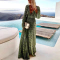 Vestido Largo Formal de Playa de Verano Bohemio con Manga Larga y Escote en V – Verde con Lunares