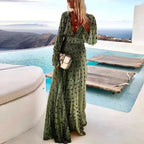 Vestido Largo Formal de Playa de Verano Bohemio con Manga Larga y Escote en V – Verde con Lunares