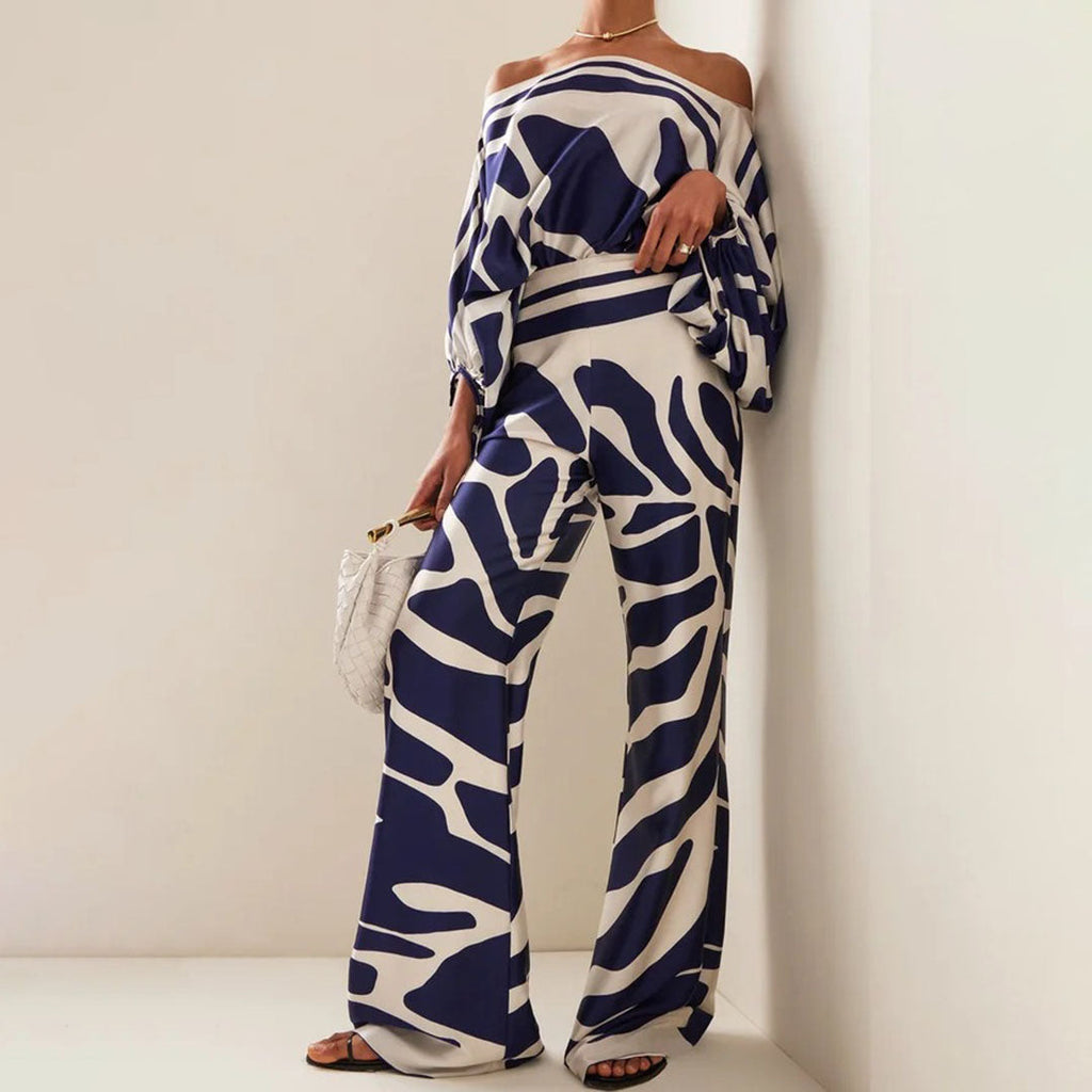Conjunto de Verano de Dos Piezas para Mujeres, Top Fluido Impreso y Pantalones de Pierna Ancha, Atuendo Elegante y Casual para Vacaciones