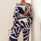 Conjunto de Verano de Dos Piezas para Mujeres, Top Fluido Impreso y Pantalones de Pierna Ancha, Atuendo Elegante y Casual para Vacaciones