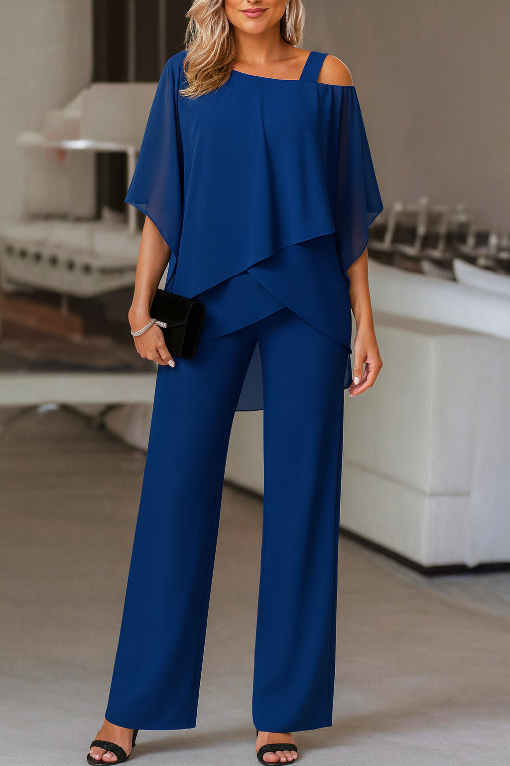 Conjunto Elegante de Dos Piezas para Mujeres: Top y Pantalones de Pierna Ancha para Eventos Formales, Bodas, Galas y Fiestas de Cóctel de Lujo – Burdeos, Negro, Blanco, Azul