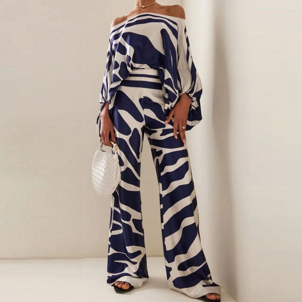 Conjunto de Verano de Dos Piezas para Mujeres, Top Fluido Impreso y Pantalones de Pierna Ancha, Atuendo Elegante y Casual para Vacaciones