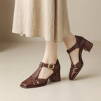 Sandalias T-Strap de Tacón Grueso Ortopédicas para Mujeres con Hebilla y Punta Cerrada - Ashley