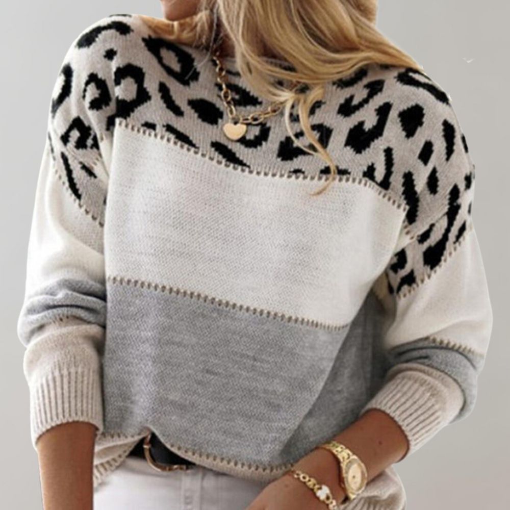 Suéter de punto de bloque de color con estampado de leopardo para mujer, casual, diario, acogedor, otoño, invierno, streetwear, chic – Rosie Blanco Gris