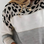 Suéter de punto de bloque de color con estampado de leopardo para mujer, casual, diario, acogedor, otoño, invierno, streetwear, chic – Rosie Blanco Gris
