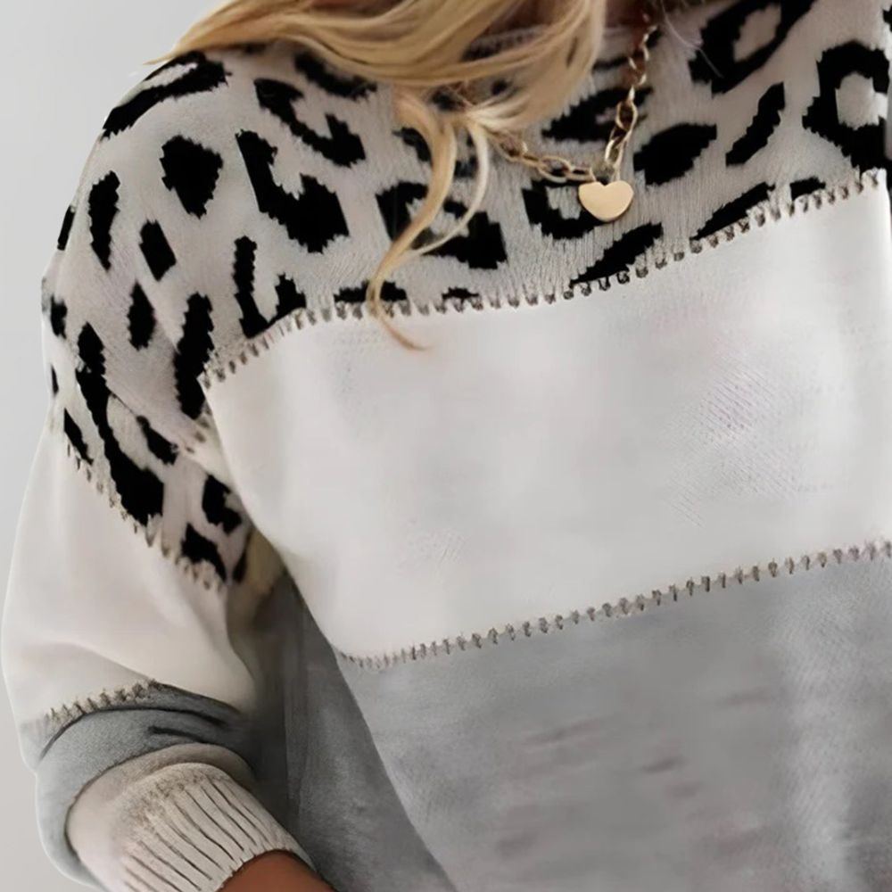 Suéter de punto de bloque de color con estampado de leopardo para mujer, casual, diario, acogedor, otoño, invierno, streetwear, chic – Rosie Blanco Gris