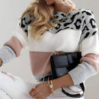 Suéter de punto de bloque de color con estampado de leopardo para mujer, casual, diario, acogedor, otoño, invierno, streetwear, chic – Rosie Blanco Gris