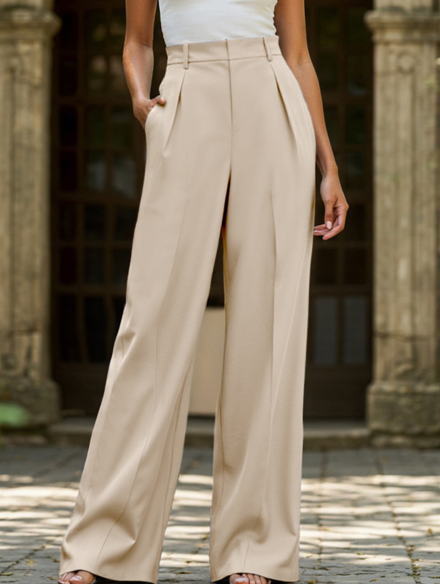 Pantalones Drapé de Pierna Ancha de Cintura Alta para Mujeres, Sueltos y Fluídos, Casual, Formal, para el Día a Día – Multicolor