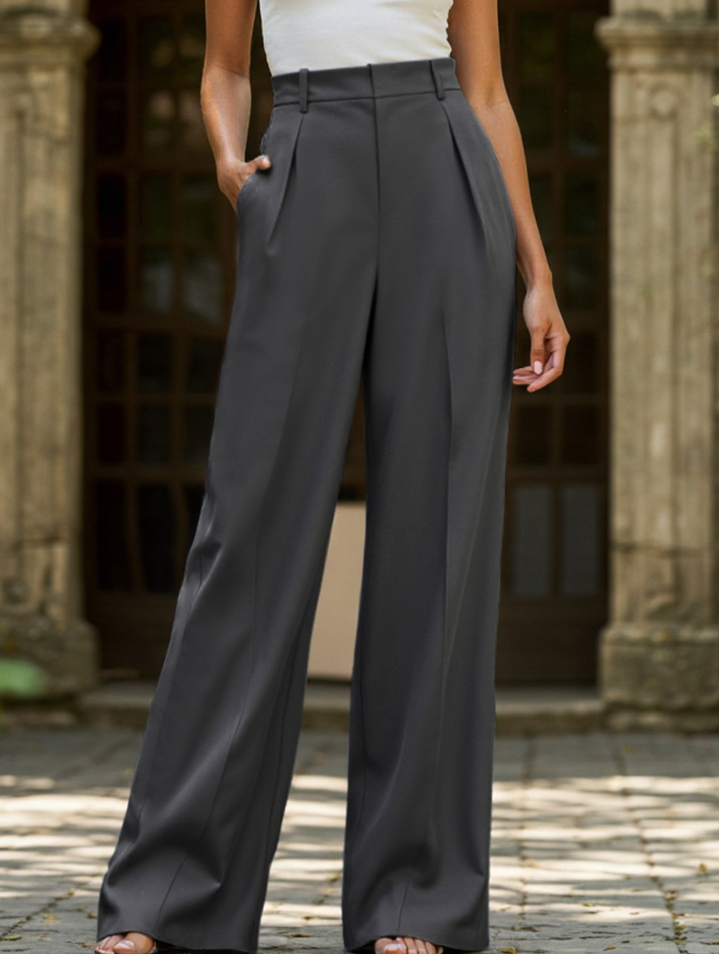 Pantalones Drapé de Pierna Ancha de Cintura Alta para Mujeres, Sueltos y Fluídos, Casual, Formal, para el Día a Día – Multicolor