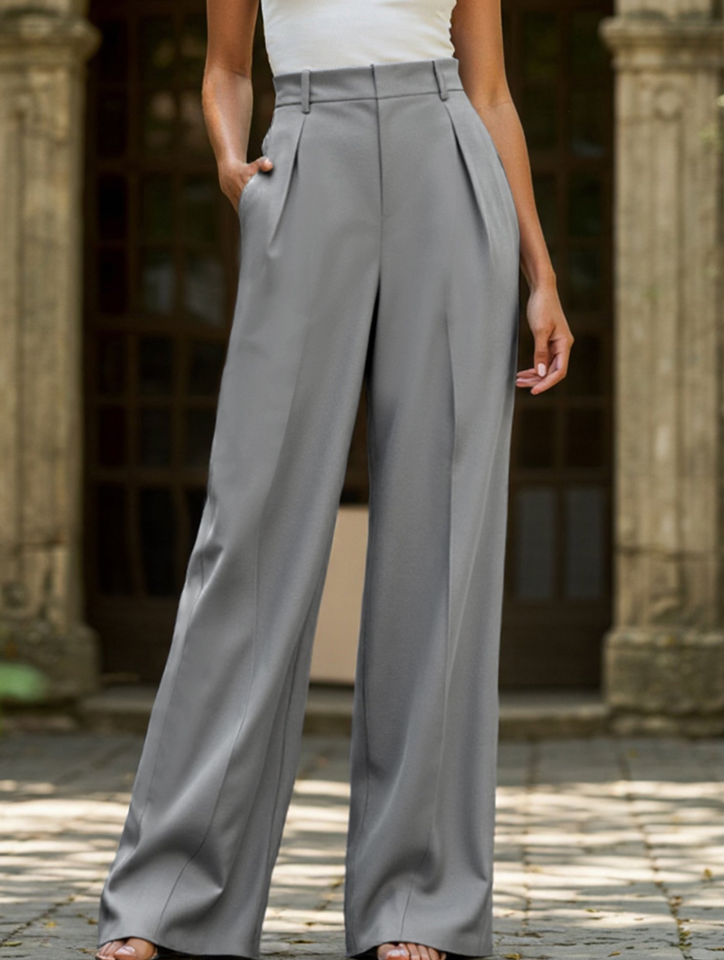 Pantalones Drapé de Pierna Ancha de Cintura Alta para Mujeres, Sueltos y Fluídos, Casual, Formal, para el Día a Día – Multicolor
